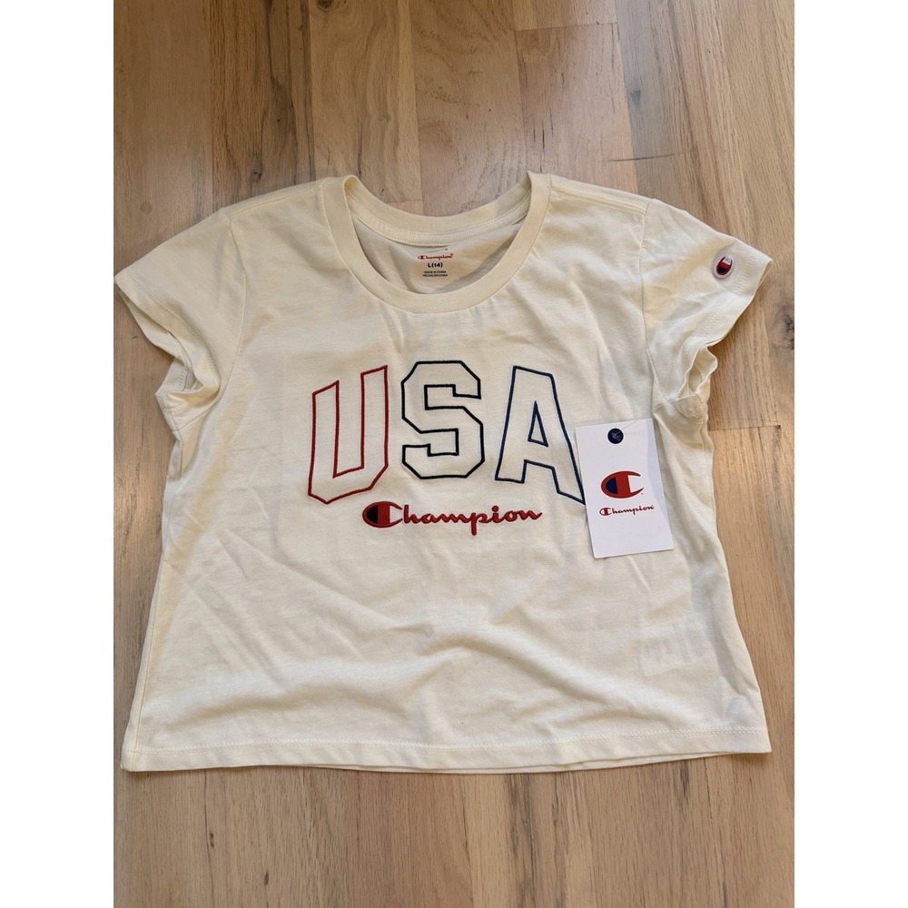 Champion USA Tee Shirt Crop Top Girls Size L 14 Short Sleeve Cream NWT